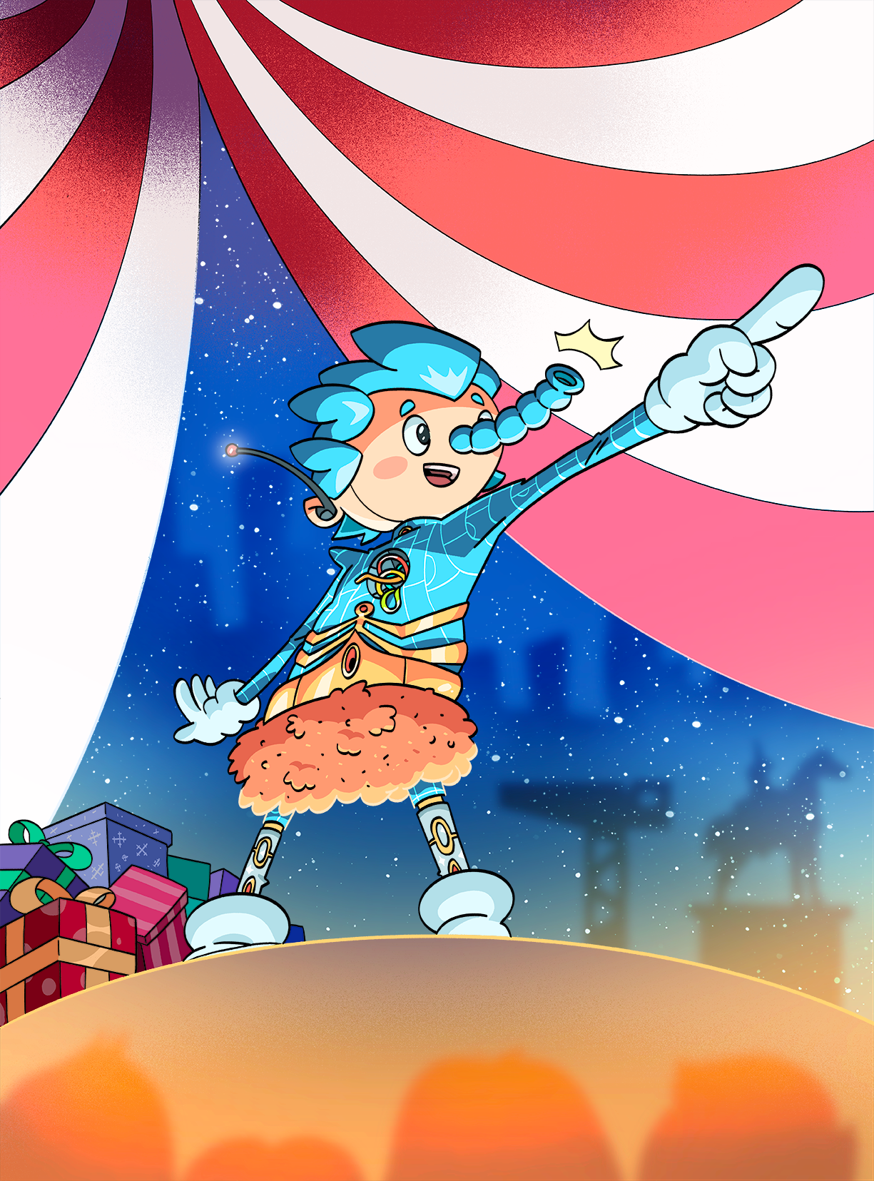 Colin a brightly dressed young many with a yellow hat and red, yellow and blue ruffles on his sleeves. He is peaking through a door way smiling.